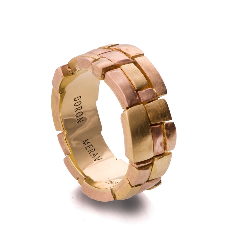 Merav Rings Bricks Wedding Band, Gold Wedding Band, Tricolor Wedding Band, Men's ...