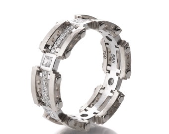 Anillo de bodas de oro blanco de 18 quilates con diamantes para hombre, estilo steampunk, anillo de oro y diamantes para hombre.