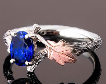 Anillo de compromiso de zafiro con ramita y hoja de roble: diseño élfico hecho a mano