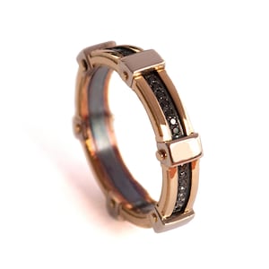 Gold Wedding Band, Men&#39;s 18K Gold and Black Diamond Wedding band, steampunk , groom gold ring, Wedding ring, black and gold ring, BNG 6