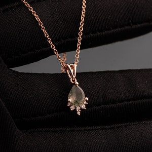 Green Moss Agate and Diamonds Minimalistic Tear Drop Pendant in Solid 18k Gold image 6