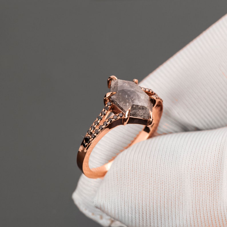 Solid 18k Rose Gold Salt & Pepper Hexagon Cut Diamond Engagement Ring image 7