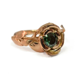 18K Rose Gold und grüner Diamant Rose Verlobungsring, Verlobungsring, Blattring, Blumenring, Antik, Vintage