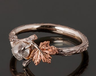 Rough Diamond engagement ring, Twig and Maple Leaf Engagement Ring, raw diamond ring