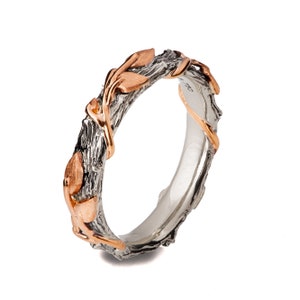 Twig and Leaf Wedding Ring, 18K Rose Gold Bark Wedding Ring, Unique Wedding ring, Two tone band, bark wedding ring, rose gold ring