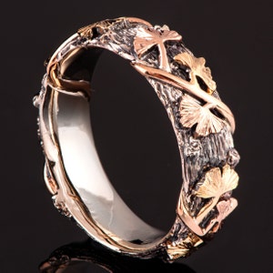 Twig and Ginkgo Leaf Wedding Ring, 18K Rose Gold Bark Wedding Ring
