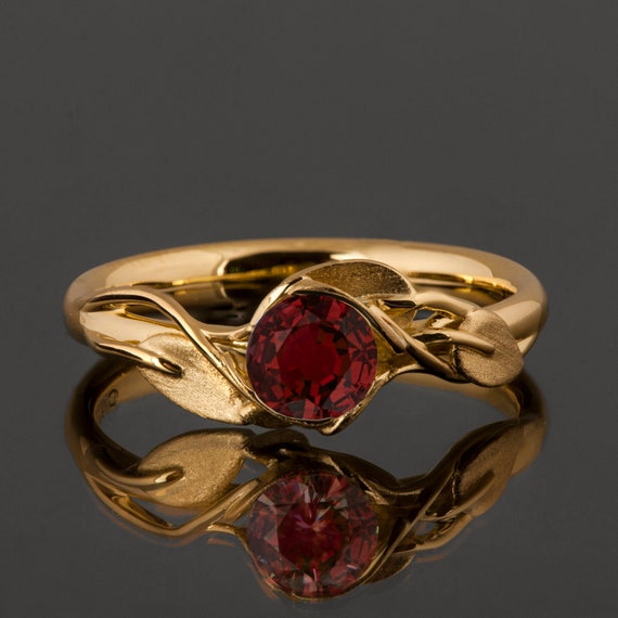 Leaves Engagement Ring 18K Yellow Gold and Ruby Engagement Ring