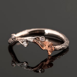 Zweig und Ginkgoblatt Ehering, 18K Gold Rinde Ehering