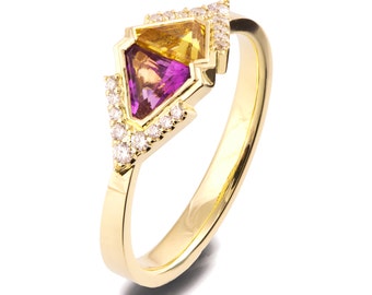 Art Deco Engagement Ring, Triangle Engagement Ring, 18K Yellow Gold, Unique Engagement ring, Amethyst Ring, Diamond Ring, Citrine Ring, R026