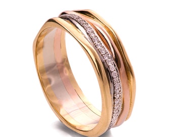 Gold and Diamonds Ring, Gold and Diamonds Engagement Band, Tricolor Wedding Ring, Wedding Ring, Eternity Ring, Tricolor Ring, Wide Band