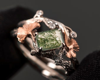 Emerald Cut Moss Agate Solid 18k Gold Twig and Ginkgo Leaf Bridal Set