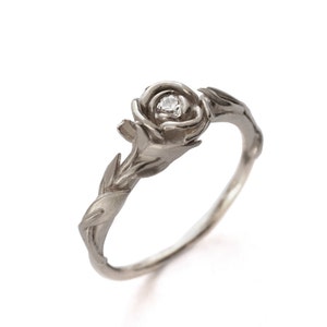 18k White Gold Leaves and Rose Diamond Engagement Ring