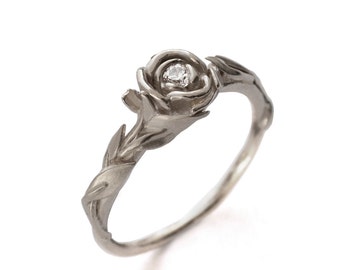 18k White Gold Leaves and Rose Diamond Engagement Ring