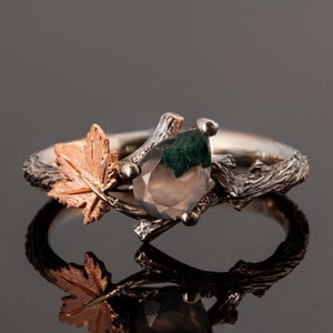 Tree Branch and Maple Leaf Moss Agate Engagement Ring, Twig and Maple Leaf Moss Agate Ring