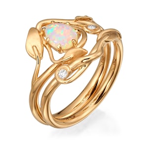 Opal engagement ring, 18K Rose Gold Opal ring, Opal Bridal Set, Unique Engagement ring, Australian Opal Ring, Leaves Opal Ring, Rose Gold