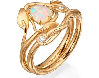 Opal engagement ring, 18K Rose Gold Opal ring, Opal Bridal Set, Unique Engagement ring, Australian Opal Ring, Leaves Opal Ring, Rose Gold