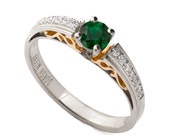 Two Tone Emerald Ring - 18K Yellow and White Gold engagement ring, unique engagement ring, Emerald ring, antique,art nouveau, edwardian