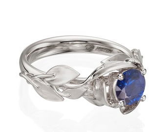 Leaves Sapphire Ring, 18K White Gold and Sapphire engagement ring, engagement ring, leaf ring