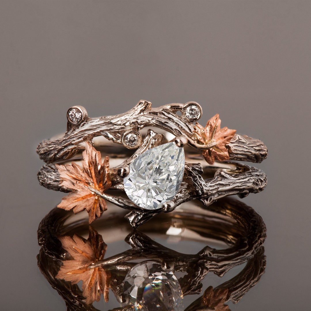 Twig and Leaf Engagement Ring, Twig Bridal Set, Maple Leaf Diamond Ring