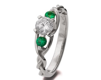 Braided Engagement Ring, Diamond Emeralds engagement ring, white gold diamond ring, unique engagement ring, celtic ring, three stone ring