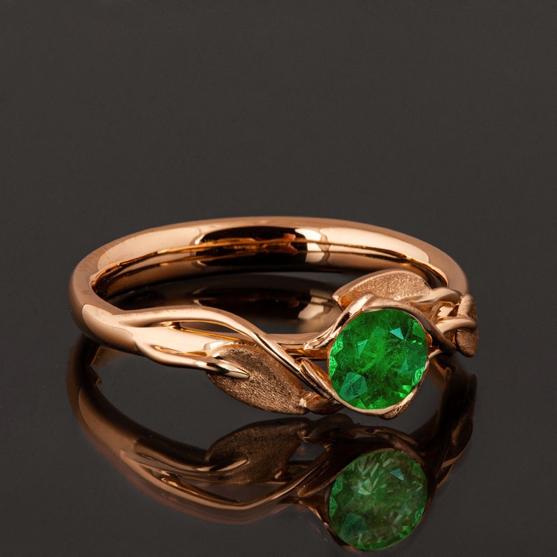 18k Rose Gold Emerald Leaves Engagement Ring image 1