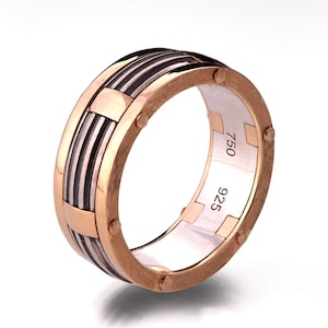 Gold Wedding Band, Men&#39;s 18K Rose Gold and Sterling Silver Wedding band, steampunk, Wedding ring, silver and gold ring, BNG 10