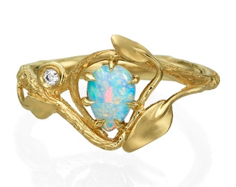 Anillo de compromiso de ópalo, anillo de ópalo, anillo de ramita de ópalo, anillo de compromiso único, anillo de ópalo de pera, anillo de ópalo de hojas, anillo de ópalo de hoja, diamante de ópalo
