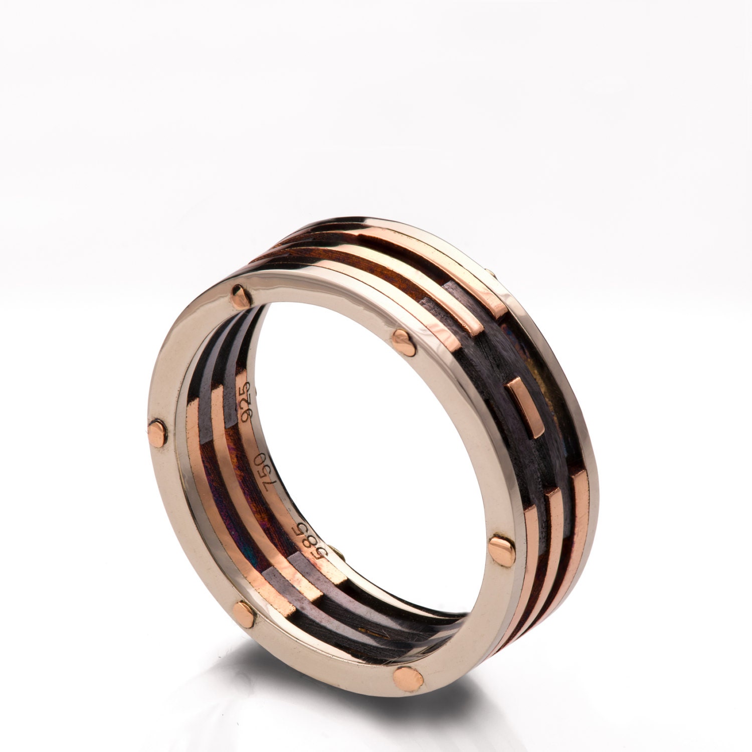 Gold Wedding Band Men's 18K Rose Gold and Oxidized Silver