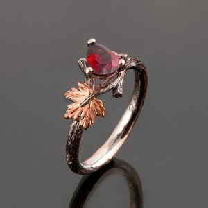 Pear Ruby Ring, Twig and Leaf Engagement Ring, Twig Engagement Ring, Maple Leaf Ruby Ring