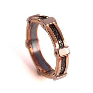 Gold Wedding Band, Men&#39;s 18K Rose Gold and Black Diamond Wedding band, groom gold ring, steampunk , Wedding ring, black and gold ring, BNG 6
