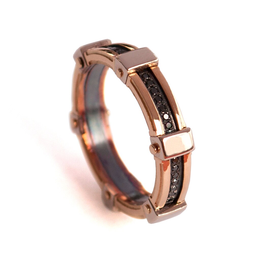 Gold Wedding Band, Men's 18K Rose Gold and Black Diamond Wedding band, groom gold ring, steampunk , Wedding ring, black and gold ring, BNG 6