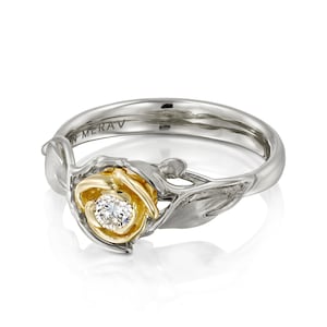 Two Tone Rose Engagement Ring, 18K Yellow and White Gold and Diamond engagement ring, flower engagement ring