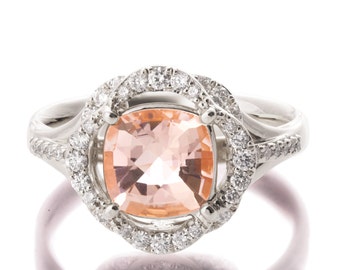 Morganite Engagement Ring, 18K White Gold Flower Ring, Unique Engagement Ring, Art Deco Ring, Cushion Cut Morganite Ring, morganite ring