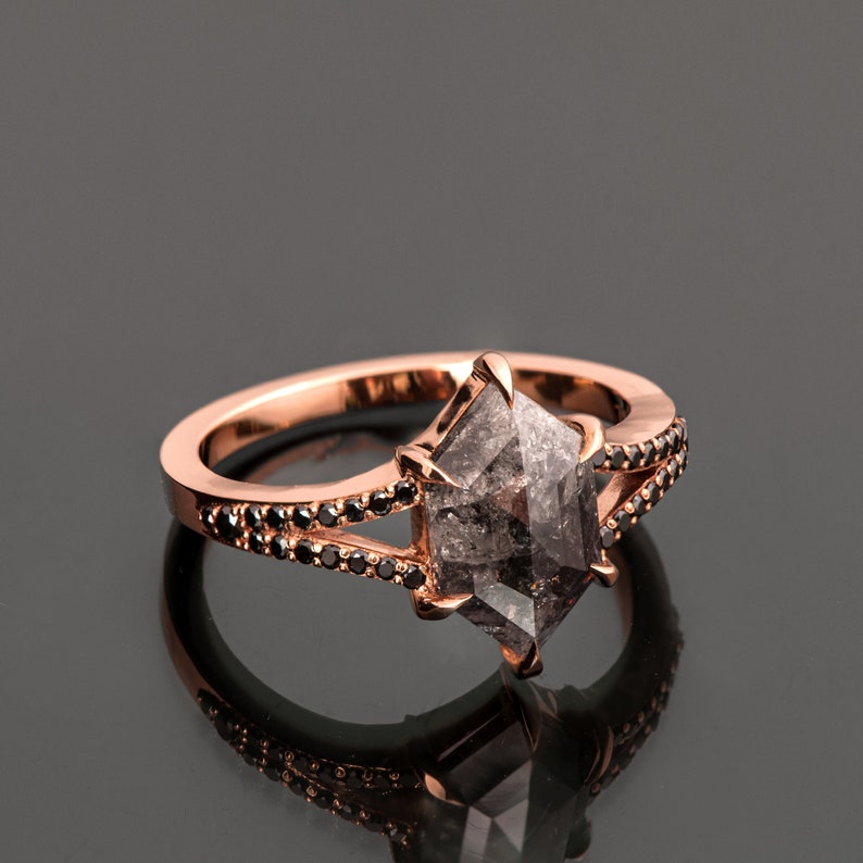 Solid 18k Rose Gold Salt & Pepper Hexagon Cut Diamond Engagement Ring image 1