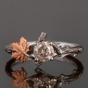 Rustic Gray Salt and Pepper Round-Cut Diamond Twig and Maple Leaf Engagement Ring