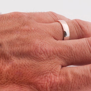 May include: A simple silver wedding band on a person's finger.