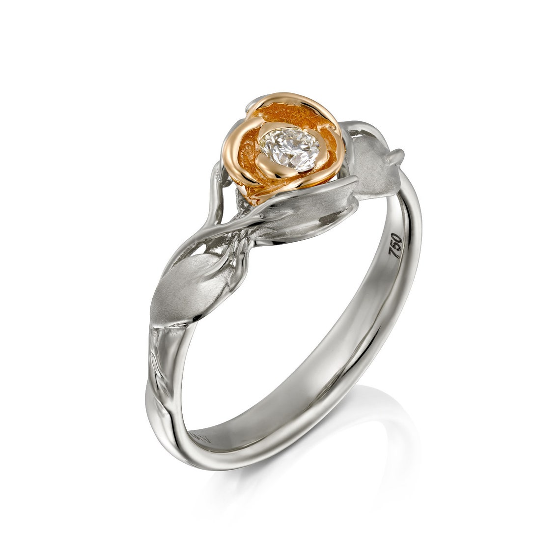 Two Roses Ring Two Tone Rose Gold Diamond Engagement Ring, Floral Leaf Design - Etsy