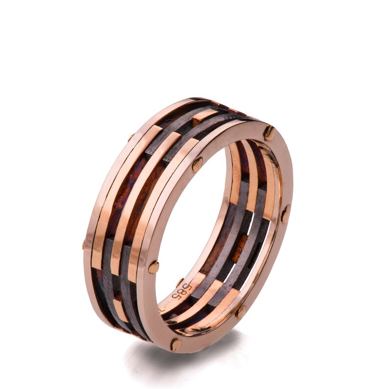 Gold Wedding Band Men's 18K Rose Gold and Oxidized Silver