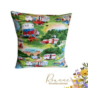 Camping Caravan Retro Green Holiday Vintage Campervan Tent Picnic Cushion Cover