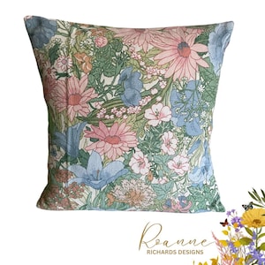 Designer Handmade Sanderson Fabric Rose Floral Vintage Green Blue Pink Cushion Cover Country farmhouse pastel Flower