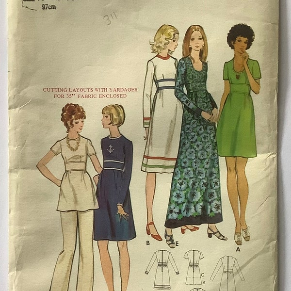 Butterick 6601 - Vintage 70s UNCUT Mini or Maxi Dress with Midriff Insert and Scoop Neck, & Pants Sewing Pattern - Size 16 Bust 38”/97cm