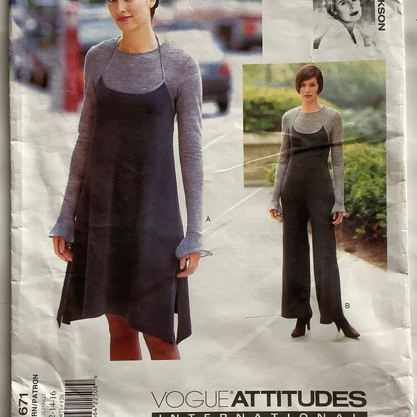 Vogue 1671 - UNCUT Betty Jackson Pattern for Stretch Knit Fabrics, Halter Tie Neck Jumpsuit with Side Zip, Halter Dress, Top - 12 14 16