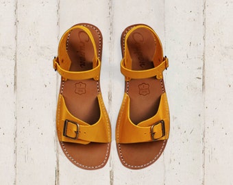 Zapatos Planos Piel, Zapatos Verano, Sandalia Ajuste Ajustable, Zapatos Mujer, Sandalias Planas Piel, Sandalias Piel Mostaza, Sandalias Pies Anchos