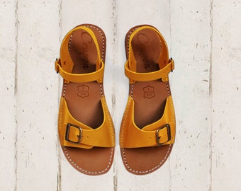 Leather Flats, Summer Shoes,Adjustable Fit Sandal, Women's Shoes, Flat Leather Sandals, Mustard Leather Sandals, Width Feet Sandals