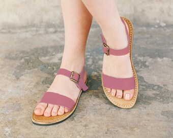 Pink Ankle-Strap Sandals, Leather Sandals, Pink Leather Sandals, Summer Shoes, Boho Sandals, Leather Flats, Pink Sandals, Summer Sandals