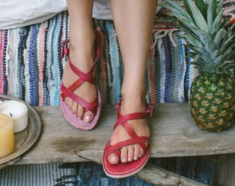 Dark Red Gladiator Sandals, Greek Sandals Women, Greek Sandals, Leather sandals, Gladiator sandals, Sandals, Leather flats, Strappy Sandals,