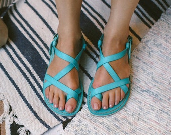 Gladiator Sandals, Sustainable Sandals, Greek Sandals, Greek Sandals Women, Gladiator sandals, Sandals, Leather flats, Turquoise Sandals