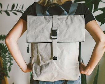 Folded Top Backpack, Gray Rucksack Backpack, Eco Friendly Backpack, Rolltop Grey Backpack, Backpack, Unisex Backpack, Eco Friendly