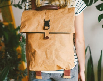 Brown Rucksack Backpack, Brown Backpack, Folded Top Backpack, Rolltop Brown Backpack, Sustainable Backpack, Unisex Backpack, Eco Friendly