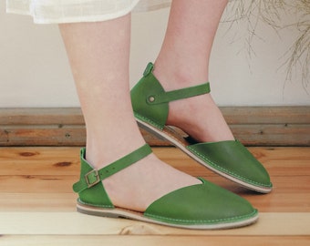 Women Sandals, Leather flats, Summer Shoes, Leather Sandals, Greenery Sandals, Summer Flats, Slingback, Flat Summer Shoes, Comfortable